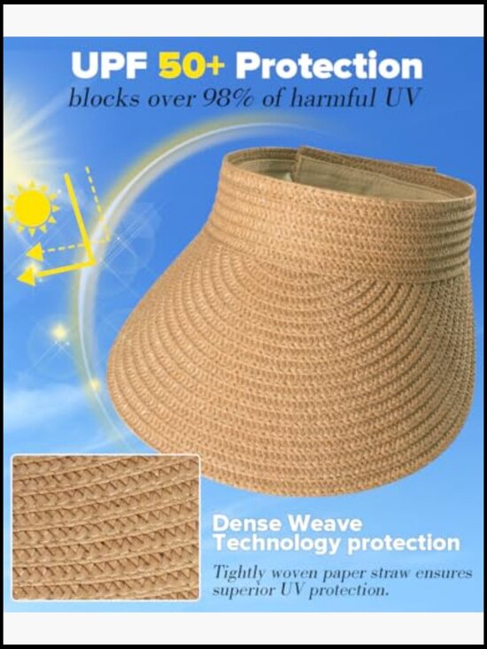 Wide Brim Straw Sun Hat UPF50+ Packable Foldable Adjustable Summer Beach Visor main image 6